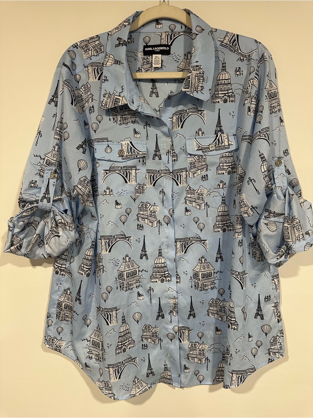 Karl Lagerfeld Women’s Paris Blue Eiffel Tower France Button Up Shirt Blouse XL